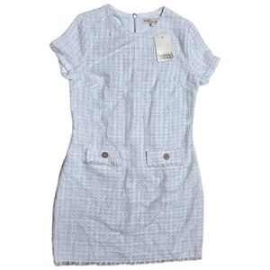 NWT Bebop Women's White Tweed Dress Short Sleeve Frayed Hem Mini‎ Sheath Size M